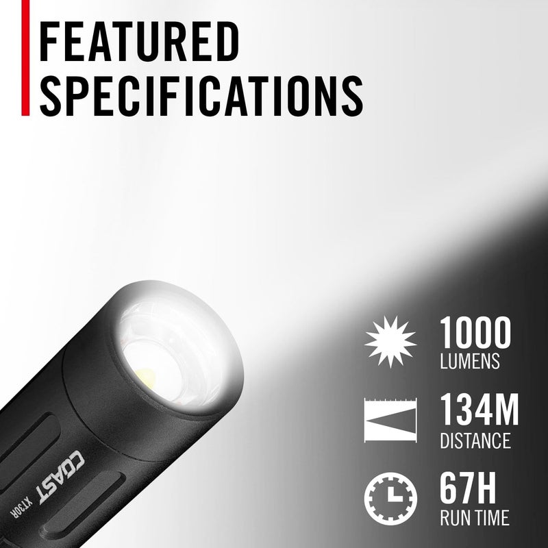 Coast Coast XT30R 1000 Lumen Rechargeable LED Pocket Flashlight 5 Light Modes with 2Way Clip and Bite Caps Included  - Image 2