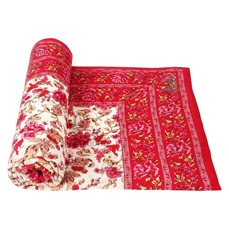 Lilfly Rajasthani Light Weight Single Bed Soft Jaipuri AC Quilt/Razai Designer Pink mughal Floral Cotton Quilts Blankets for Home (Size 55X85 inch) TDS-13