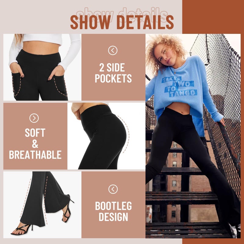 TNNZEET Womenâ€™s Flare Yoga Pants with Pockets, High Waisted Workout Black Bootcut Leggings - Image 3