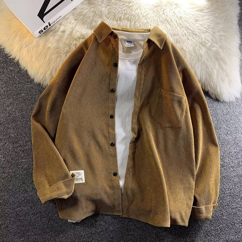 Spring and Autumn Shirt Mens Long-sleeved Loose Trendy Brand All-match fleece-lined Thickened Warm Shirt Corduroy Top Coat khaki fleece-lined - Image 1