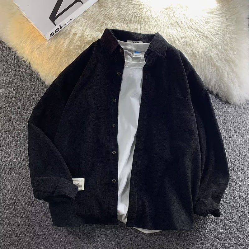 Spring and Autumn Shirt Mens Long-sleeved Loose Trendy Brand All-match fleece-lined Thickened Warm Shirt Corduroy Top Coat khaki fleece-lined - Image 3