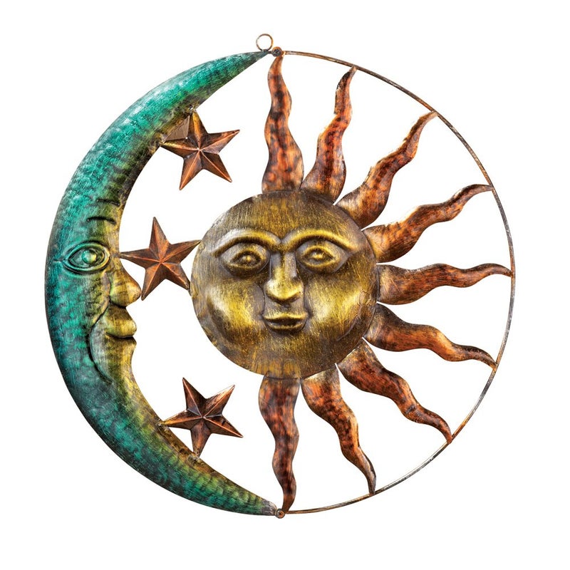 Collections Etc Artistic Sun and Moon Metal Wall Art for Indoors or Outdoors with Rustic Finish Brown
