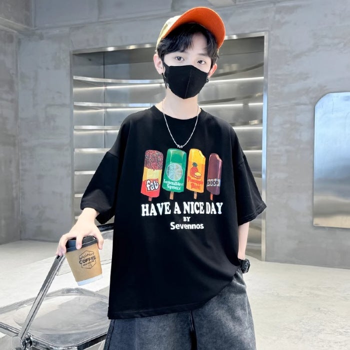 Summer Boys' Pure Cotton Short-Sleeve T-Shirt 2026 New Style For Older Children, Stylish Streetwear Summer Thin Half-Sleeve Tee Trendy - Image 1