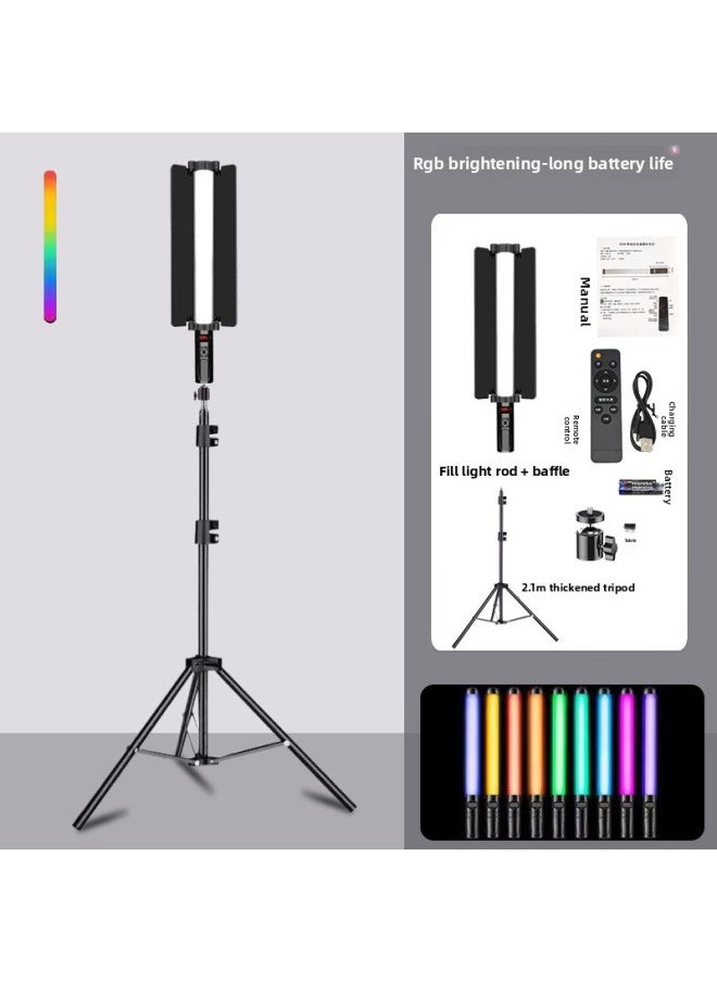 Generic - Mobile Phone Live Handheld Led Fill Light Outdoor Photography Atmosphere Light Double Color Temperature Full Color Rgb Baffle Stick Light-Light Source Color:[type B Handheld Rod Light-rgb + Baffle + Metal Pan/tilt + 2.1m Thickened Bracket] - Image 1