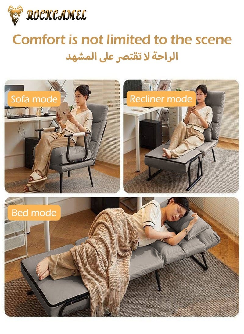 ROCKCAMEL كرسي استرخاء قابل للطي 3 في 1، كرسي أريكة قابل للتحويل، كرسي استرخاء يدوي بخمسة أوضاع مع وسادة، كرسي استرخاء عريض قابل للتعديل، جلد مضاد لمخالب القطط للاستخدام المنزلي والمكتب، عرض 65 سم، رمادي غامق - Image 2