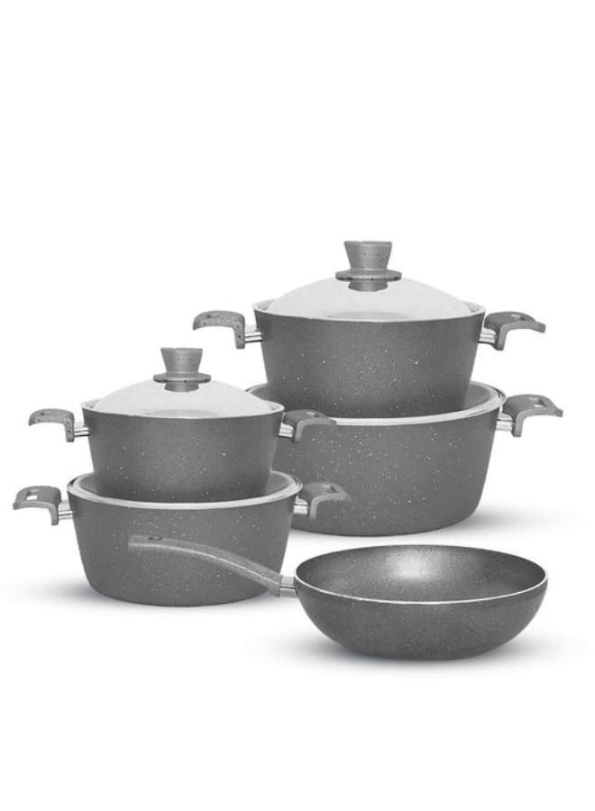 Glory Eco 9-piece non-stick granite cookware set, 4 pots (18-20-24-28) + 28-piece wok, gray