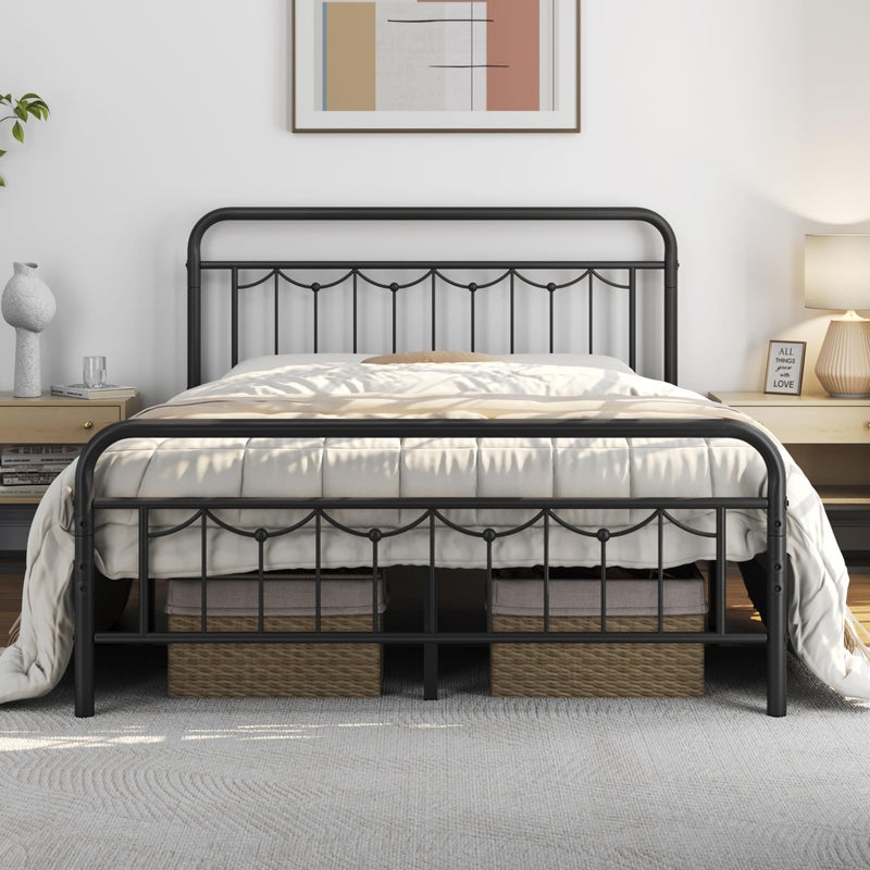 Yaheetech Queen Size Metal Bed Frames with Vintage Headboard and Footboard Farmhouse Metal Platform Bed Heavy Duty Steel Slat Support Ample UnderBed Storage No Box Spring Needed Black