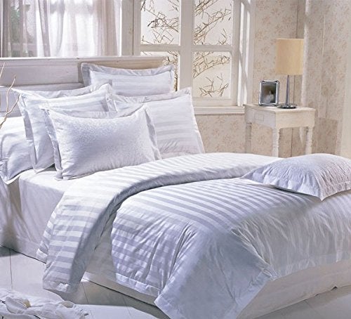 LINENWALAS 300TC 12 Double Bedsheets with 24 Pillow Covers Luxury Bedsheets in White Stripes Soft and Smooth 100 x 112 - Image 1