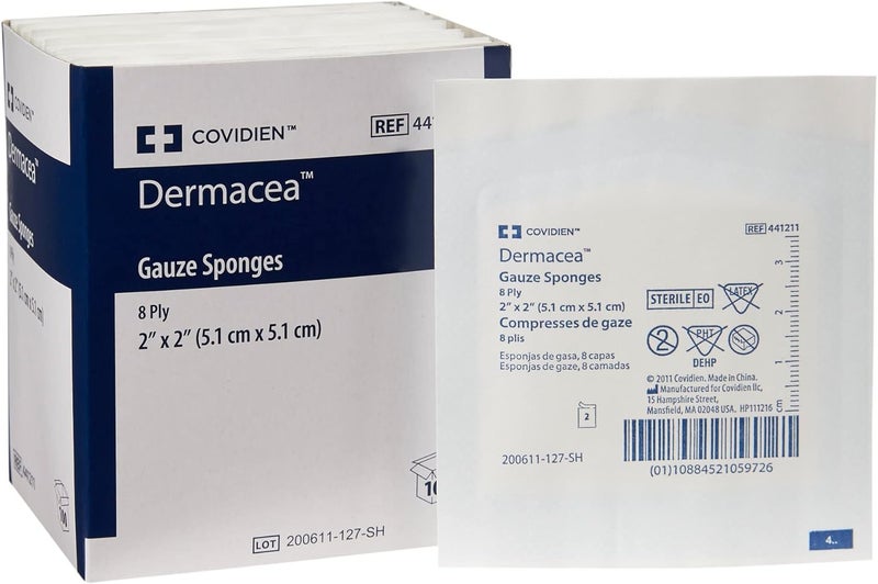 COVIDIEN إسفنجات ديرماسيه المعقمة من الشاش 8 طبقات ضمادة شاش 2 في 2 بوصة 2 لكل عبوة 50 عبوة 100 إجمالي - Image 1