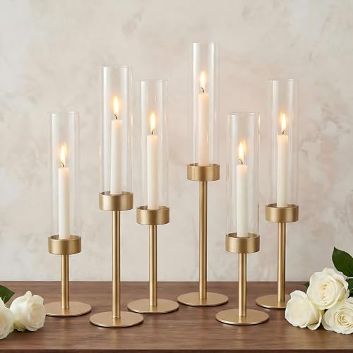 Ronasip Hurricane Candle Holders Set of 6, Matte Gold Metal Taper Candlestick Holders with Clear Glass Chimney Cylinder Tubes, Tall Candle Stands for Wedding, Christmas, Dining Table Centerpiece Decor - Image 1