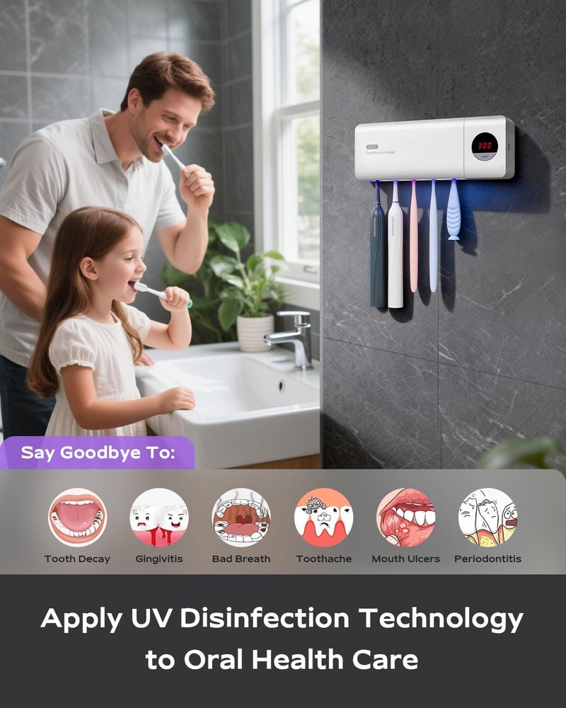 House Gem HouseGem Toothbrush Holder, Timer Function, 2000mAh Rechargeable Cordless Wall-Mounted Bathroom (White) - Image 3