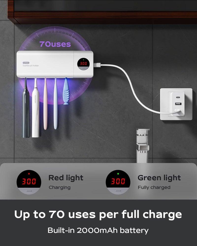House Gem HouseGem Toothbrush Holder, Timer Function, 2000mAh Rechargeable Cordless Wall-Mounted Bathroom (White) - Image 4