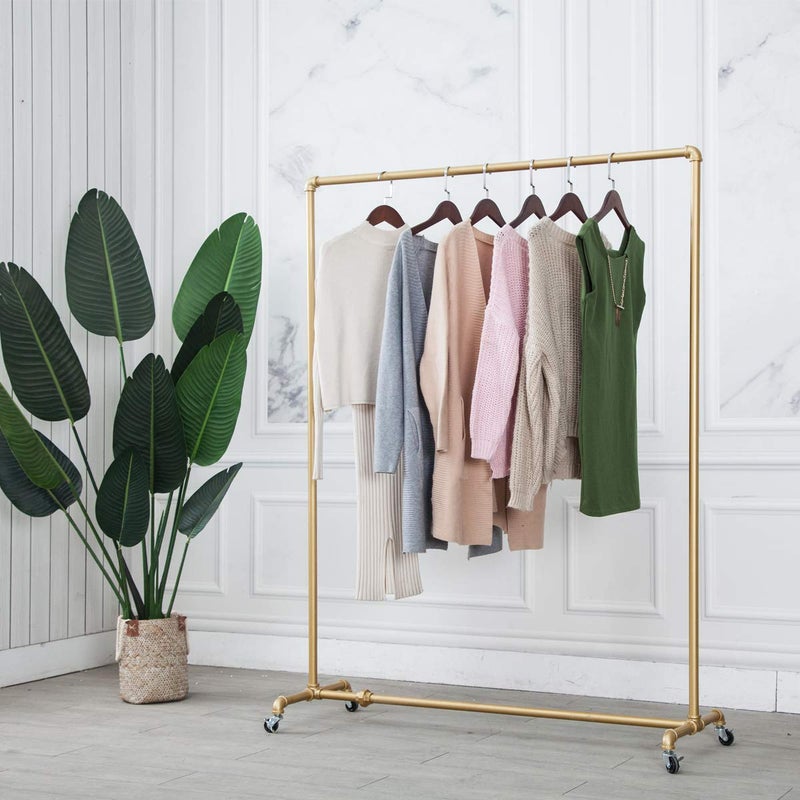 Tianman Gold1Pipe47Wx63Tx16DIndustrial Pipe Clothing RackVintage Commercial Grade Pipe Clothes RacksRolling Rack for Hanging Clothes Retail DisplayHeavy Duty Steampunk Iron Ballet Garment Racks 