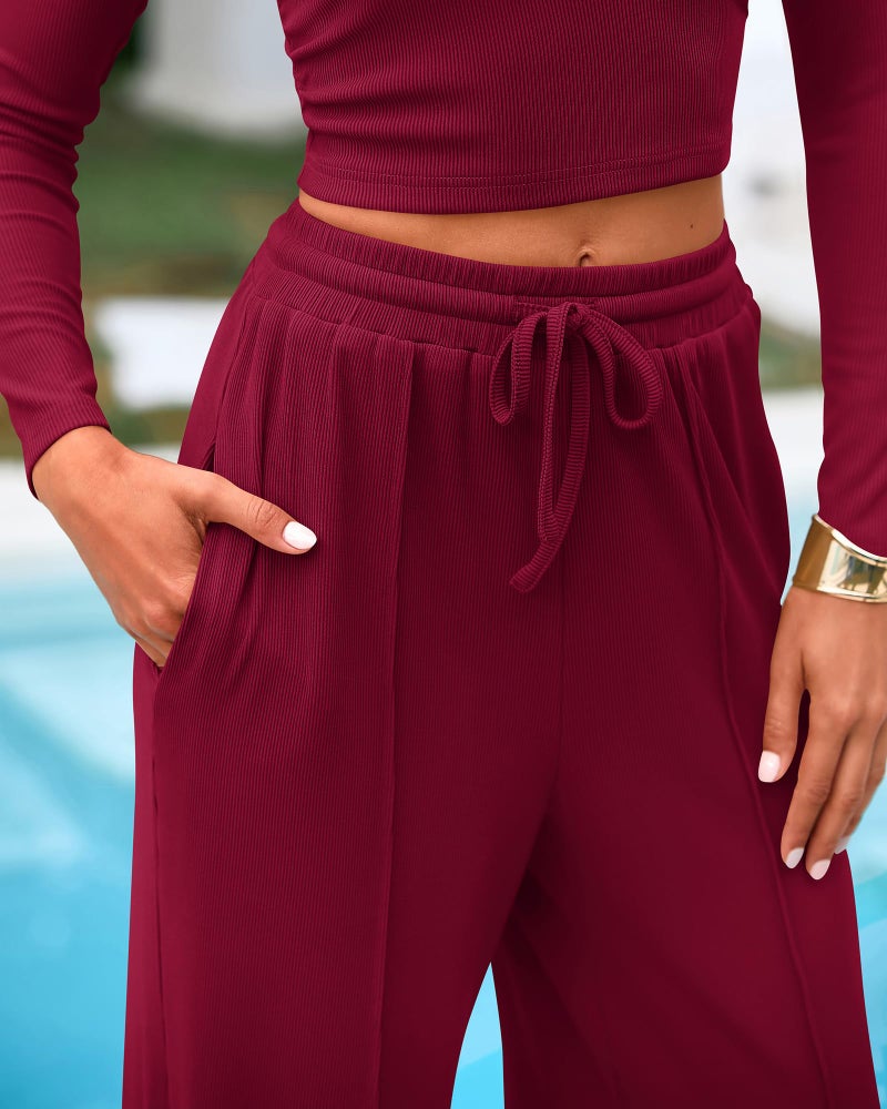 BTFBM Casual 2 Piece Sets For Women Fall Outfits 2026 Ribbed Spring Long Sleeve Crop Top Wide Leg Pants Matching Lounge Set(Burgundy, Medium) - Image 4