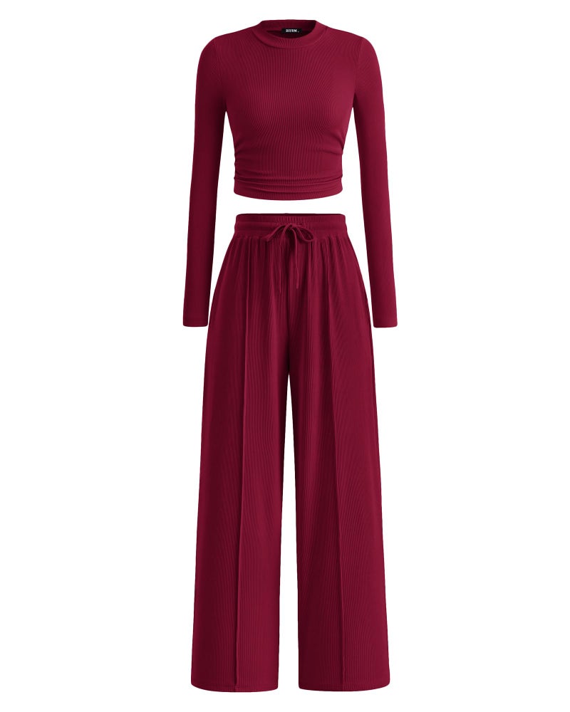BTFBM Casual 2 Piece Sets For Women Fall Outfits 2026 Ribbed Spring Long Sleeve Crop Top Wide Leg Pants Matching Lounge Set(Burgundy, Medium) - Image 1