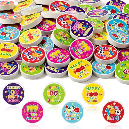 CJiangpo 60Pcs 100th Day of School Mini Erasers for Bulk, Colorful Round Eraser Cute Cartoon Pencil Rubber Happy 100th Day Party Favors Filler Back to School Classroom Rewards Gifts Homework Prizes - Image 1