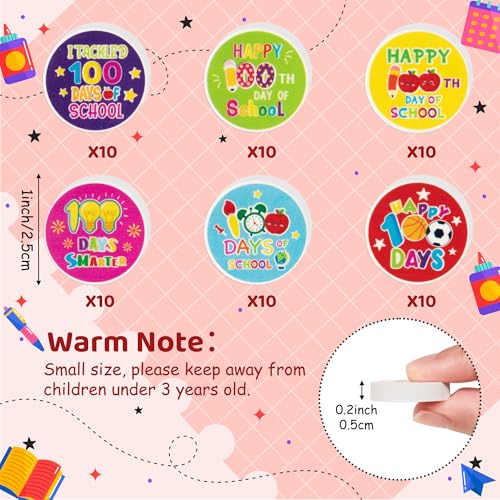 CJiangpo 60Pcs 100th Day of School Mini Erasers for Bulk, Colorful Round Eraser Cute Cartoon Pencil Rubber Happy 100th Day Party Favors Filler Back to School Classroom Rewards Gifts Homework Prizes - Image 2