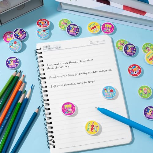 CJiangpo 60Pcs 100th Day of School Mini Erasers for Bulk, Colorful Round Eraser Cute Cartoon Pencil Rubber Happy 100th Day Party Favors Filler Back to School Classroom Rewards Gifts Homework Prizes - Image 3