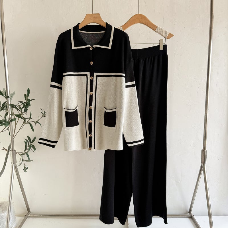 Fashionable Two-Piece Knit Cardigan Set for Women, Loose Fit Casual Open Front Jacket with Contrast Collar - Image 1