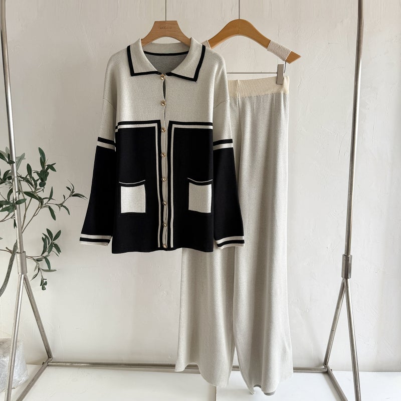 Fashionable Two-Piece Knit Cardigan Set for Women, Loose Fit Casual Open Front Jacket with Contrast Collar - Image 4