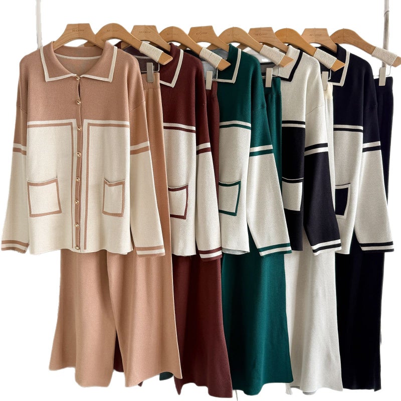 Fashionable Two-Piece Knit Cardigan Set for Women, Loose Fit Casual Open Front Jacket with Contrast Collar - Image 5