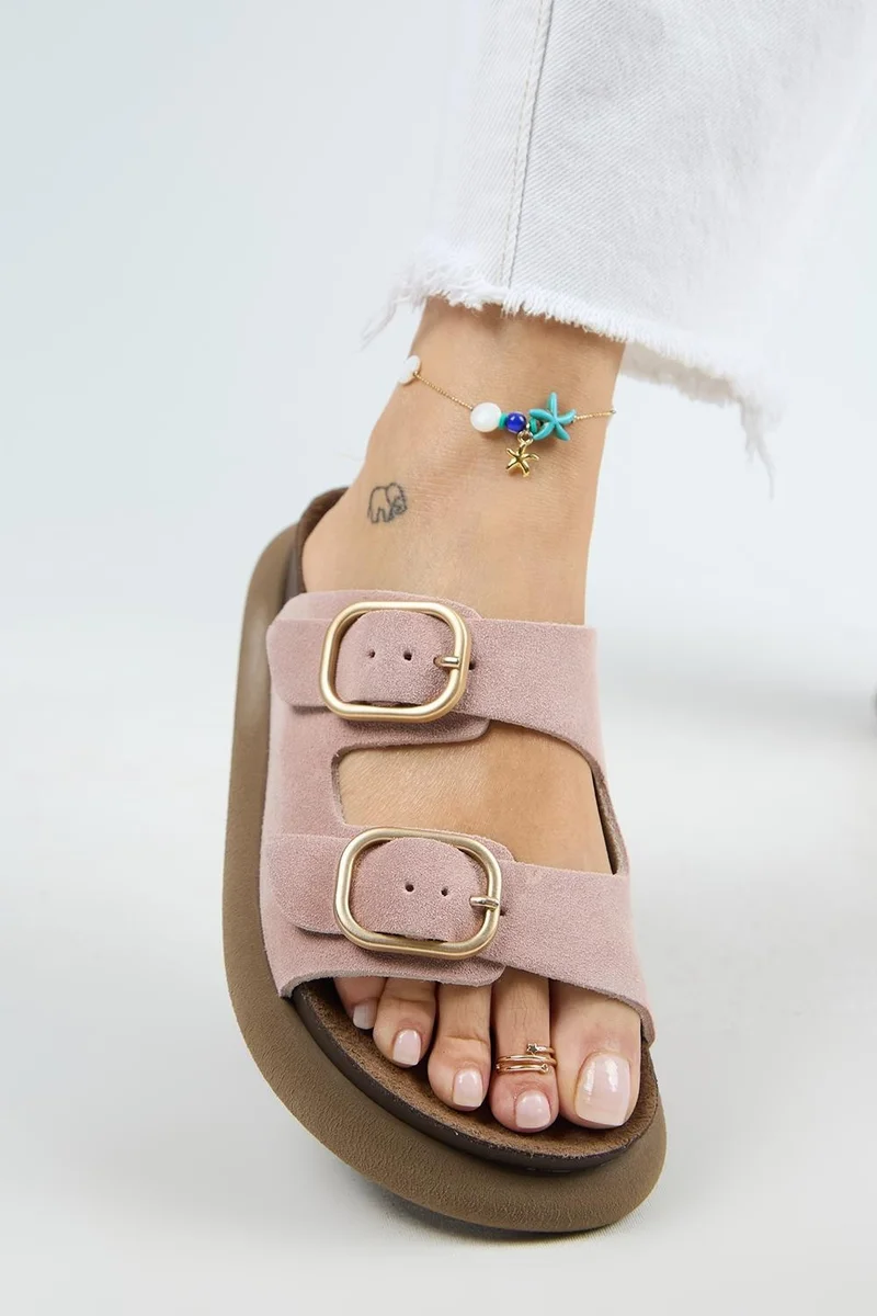 Manijero Manijero Lavanda Women's Genuine Leather Double Buckle Powder Pink Slippers