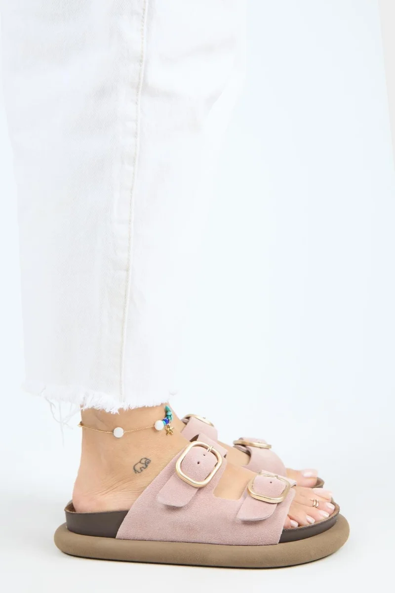 Manijero Manijero Lavanda Women's Genuine Leather Double Buckle Powder Pink Slippers