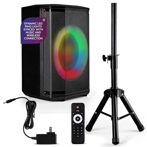 Pyle Portable Bluetooth Speaker with 8 Inch Woofer TWS Function Mic Input USBMicro SDFM Radio Colorful Ring Lights 120W Rechargeable Battery Tripod Stand HiFi Sound IndoorOutdoor Use