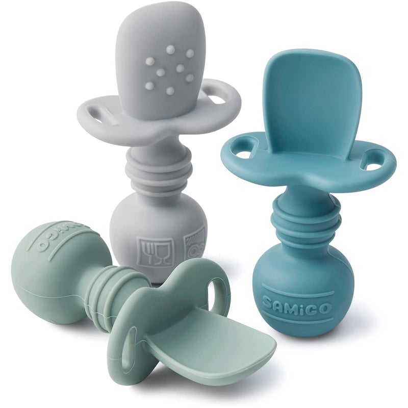 SAMiGO Silicone Baby Spoons Self Feeding 6+ Months - Infant Toddler Utensils - First Stage Baby Led Weaning Feeding Supplies - Set of 3 Pack - Image 1