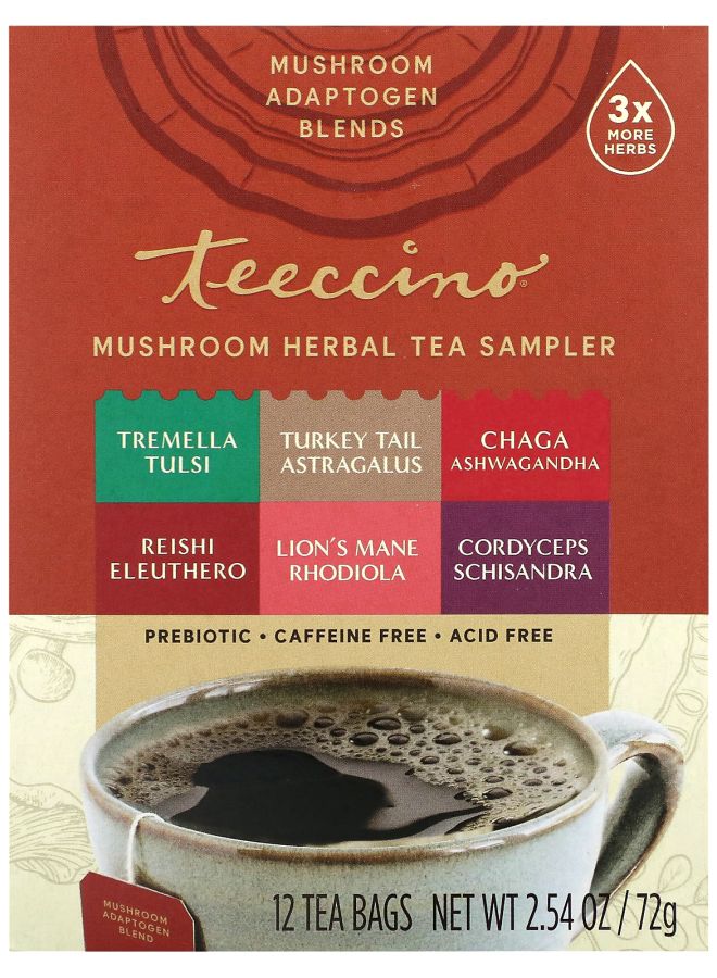 teeccino Mushroom Herbal Tea Sampler 6 Flavors Caffeine Free 12 Tea Bags 2.54 oz (72 g) 