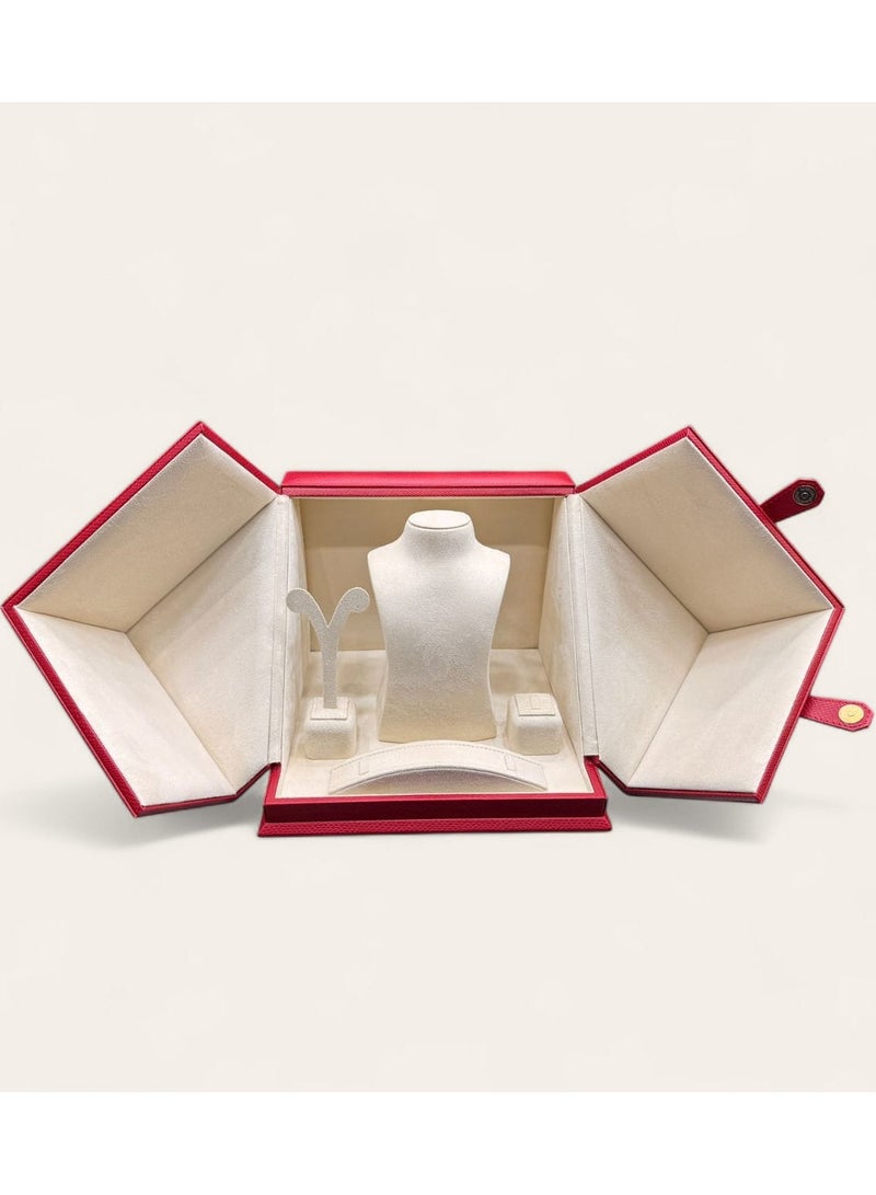 Al Seraj Luxury 4-in-1 Jewellery Organizer Box Set | Premium Red Rexine Exterior with Beige Suede Interior | Necklace, Ring, Earring & Bracelet Display Case | Made in Dubai | Gift & Showroom Storage - Image 1