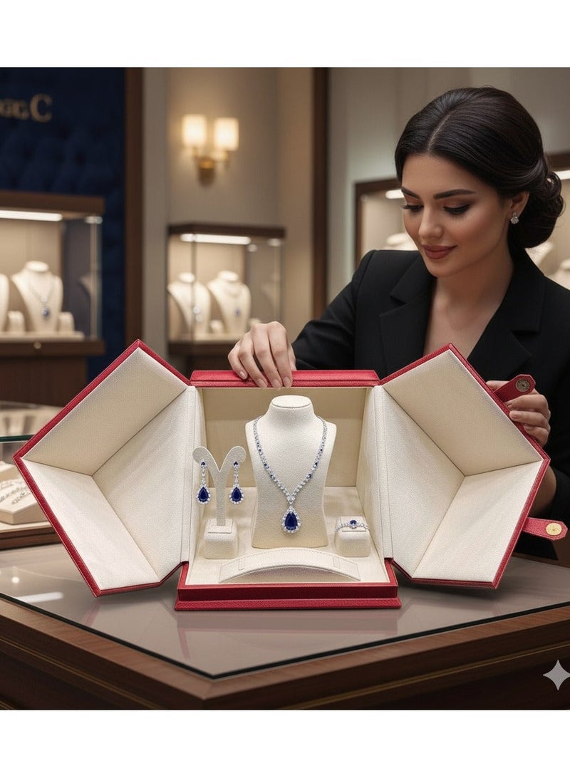 Al Seraj Luxury 4-in-1 Jewellery Organizer Box Set | Premium Red Rexine Exterior with Beige Suede Interior | Necklace, Ring, Earring & Bracelet Display Case | Made in Dubai | Gift & Showroom Storage - Image 3