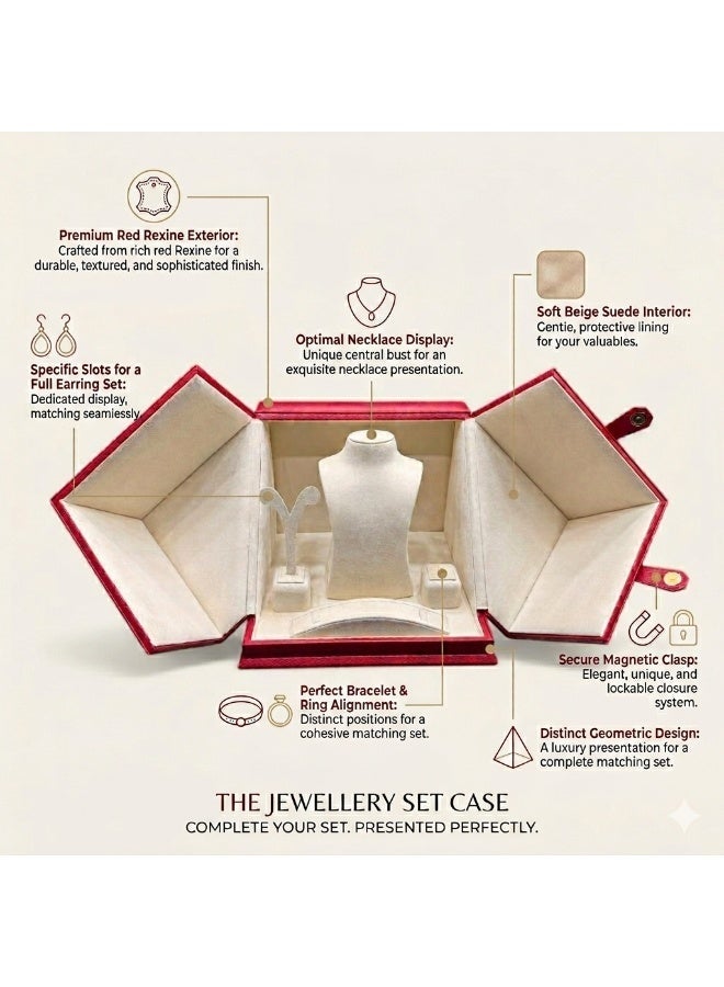 Al Seraj Luxury 4-in-1 Jewellery Organizer Box Set | Premium Red Rexine Exterior with Beige Suede Interior | Necklace, Ring, Earring & Bracelet Display Case | Made in Dubai | Gift & Showroom Storage - Image 4