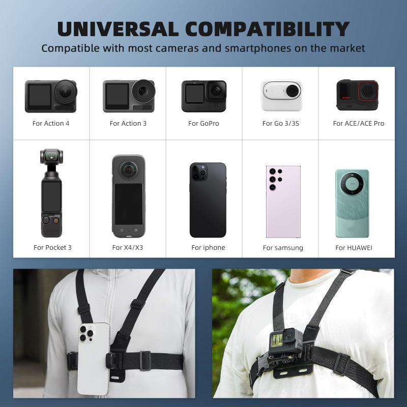BRDRC POV Phone Chest Mount for iPhone, Head Mount Camera for Recording Vlog Body Harness Strap Holder Clip Kit for Gopro, for DJI Osmo Pocket 3, for Insta360 X5 X4 X3, for Samsung Accessories - Image 4