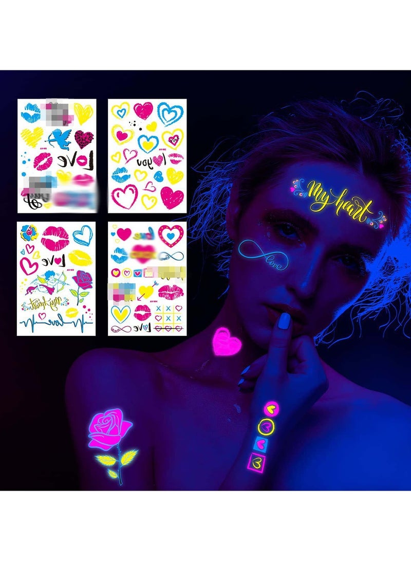 SYOSI 4 Sheets Glow in the Dark Tattoos Stickers Neon Temporary Makeup for Women Heart Tattoos Temporary Tattoo Stickers Bride Wedding  Heart Face Stickers Face Tattoos - Image 2