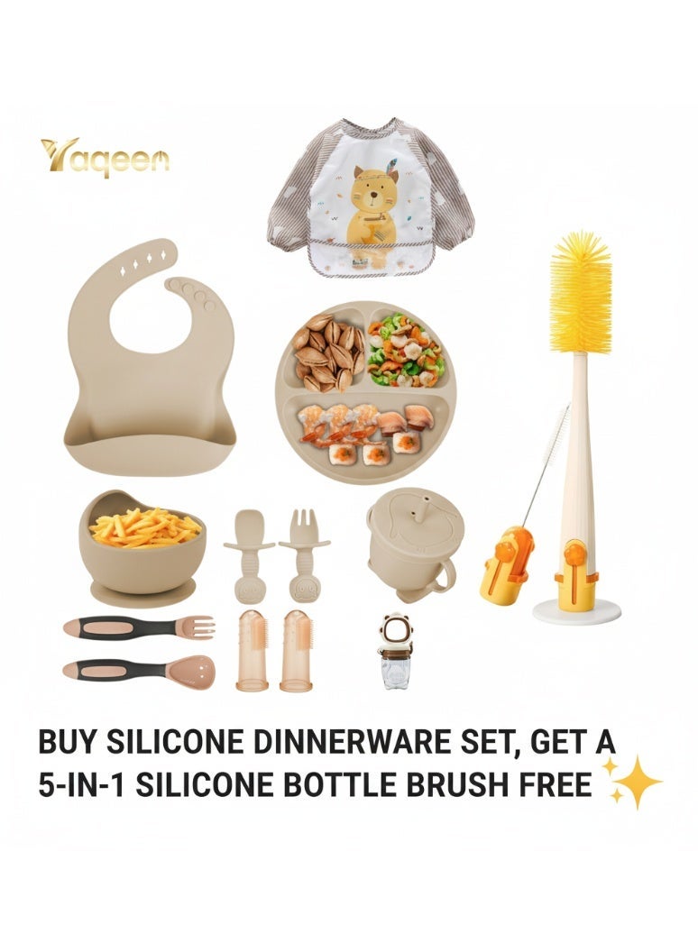 Yaqeen Silicone baby feeding set, 13-piece baby weaning tableware set, including suction bowl and plate, baby spoon and fork, training cup with straw and lid, bib and 5-in-1 silicone bottle brush, bab