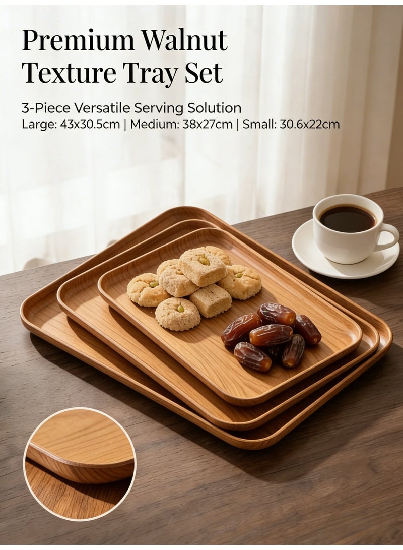nihao 3-Piece 43cm/38cm/30.6cm Dark Wood Grain Plastic Tray Set, Rectangular Serving Trays, Food & Fruit Platter for Home, Hotel, Restaurant - Image 2