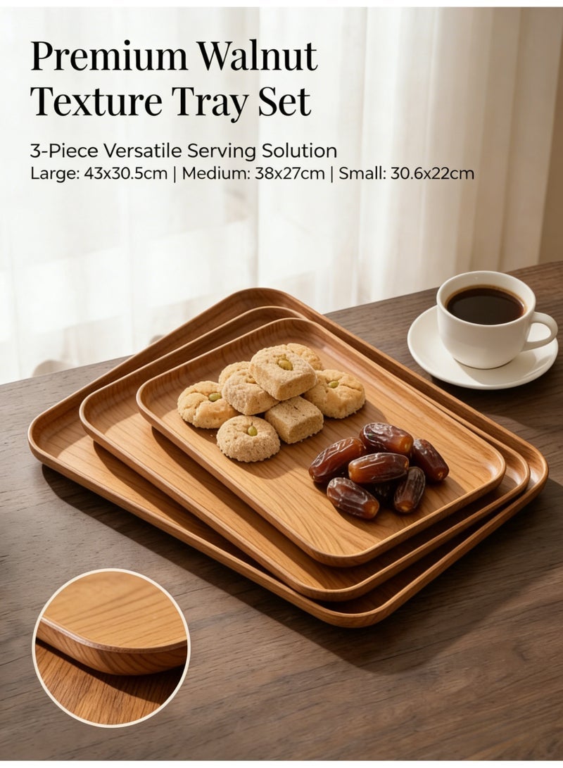 nihao 3-Piece 43cm/38cm/30.6cm Dark Wood Grain Plastic Tray Set, Rectangular Serving Trays, Food & Fruit Platter for Home, Hotel, Restaurant - Image 1