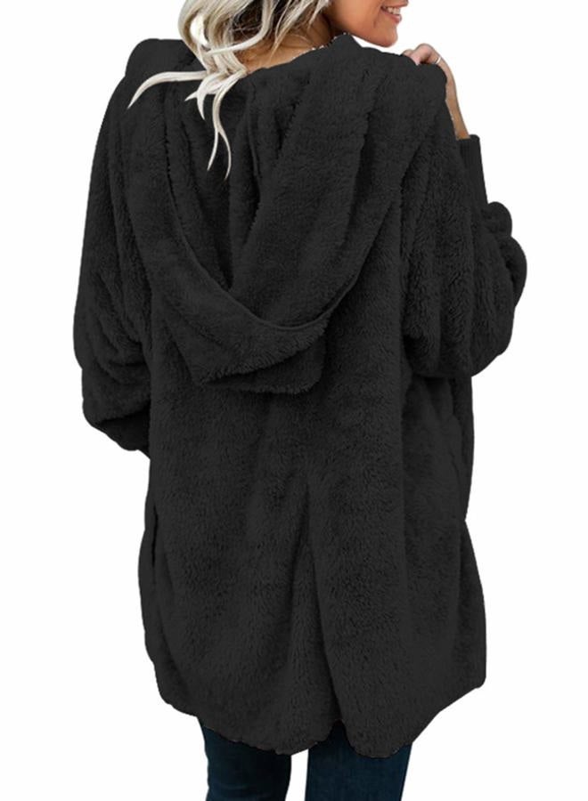 Dokotoo Womens 2023 Winter Long Sleeve Solid Fuzzy Fleece Open Front Hooded Cardigans Jacket Coats Outerwear with Pocket, A Black, XXL - Image 2