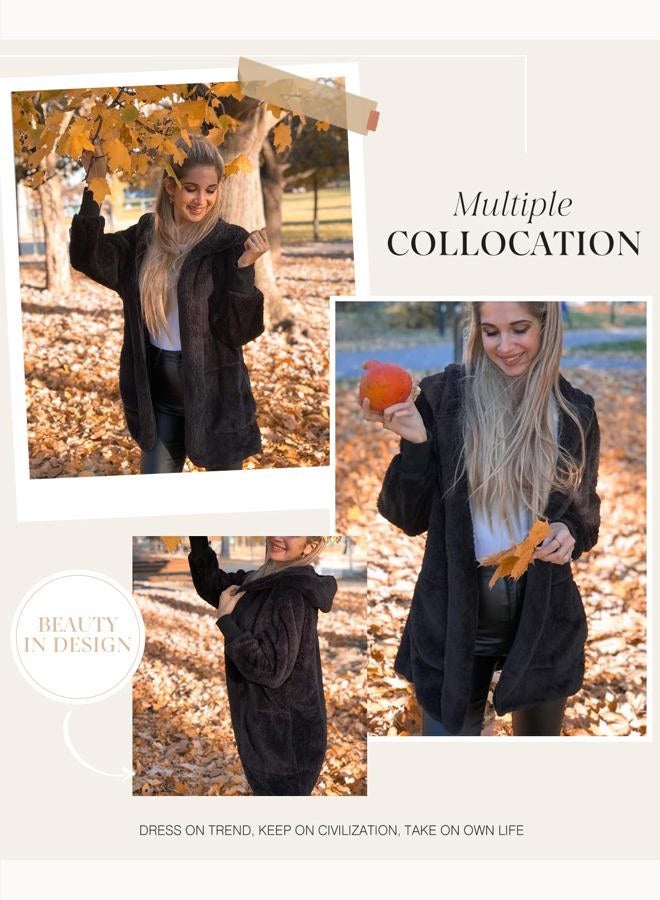 Dokotoo Womens 2023 Winter Long Sleeve Solid Fuzzy Fleece Open Front Hooded Cardigans Jacket Coats Outerwear with Pocket, A Black, XXL - Image 5