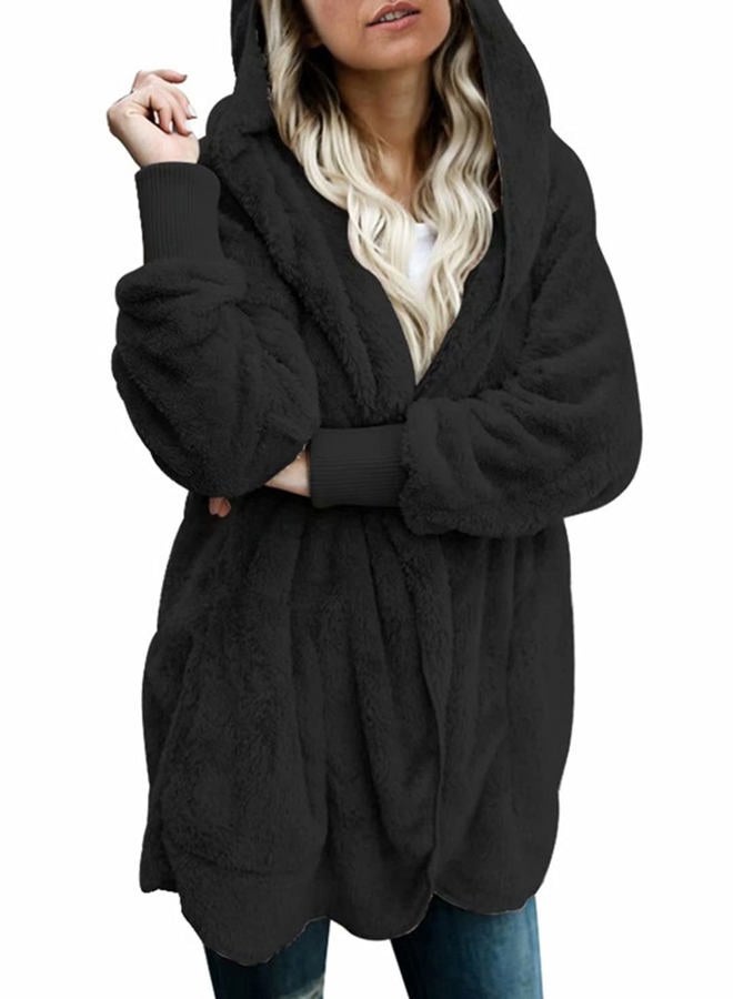 Dokotoo Womens 2023 Winter Long Sleeve Solid Fuzzy Fleece Open Front Hooded Cardigans Jacket Coats Outerwear with Pocket, A Black, XXL - Image 1