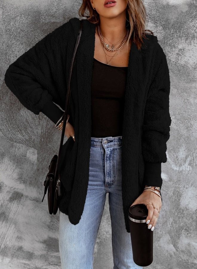 Dokotoo Womens 2023 Winter Long Sleeve Solid Fuzzy Fleece Open Front Hooded Cardigans Jacket Coats Outerwear with Pocket, A Black, XXL - Image 3
