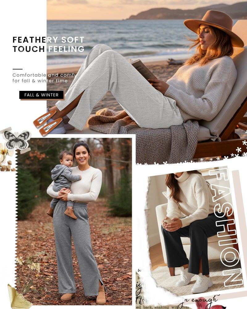 Evervibe 3 Pack Women's Wide Leg Sweatpants Split Hem Lounge Pants Casual Baggy High Waisted Drawstring Sweatpant with Pocket(Black, Dark Heather Gray, Gray,Large) - Image 2
