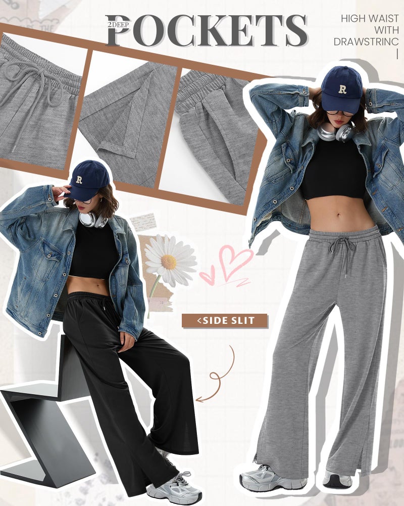 Evervibe 3 Pack Women's Wide Leg Sweatpants Split Hem Lounge Pants Casual Baggy High Waisted Drawstring Sweatpant with Pocket(Black, Dark Heather Gray, Gray,Large) - Image 4