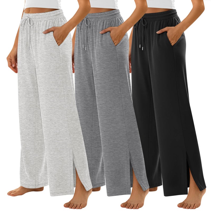 Evervibe 3 Pack Women's Wide Leg Sweatpants Split Hem Lounge Pants Casual Baggy High Waisted Drawstring Sweatpant with Pocket(Black, Dark Heather Gray, Gray,Large) - Image 1