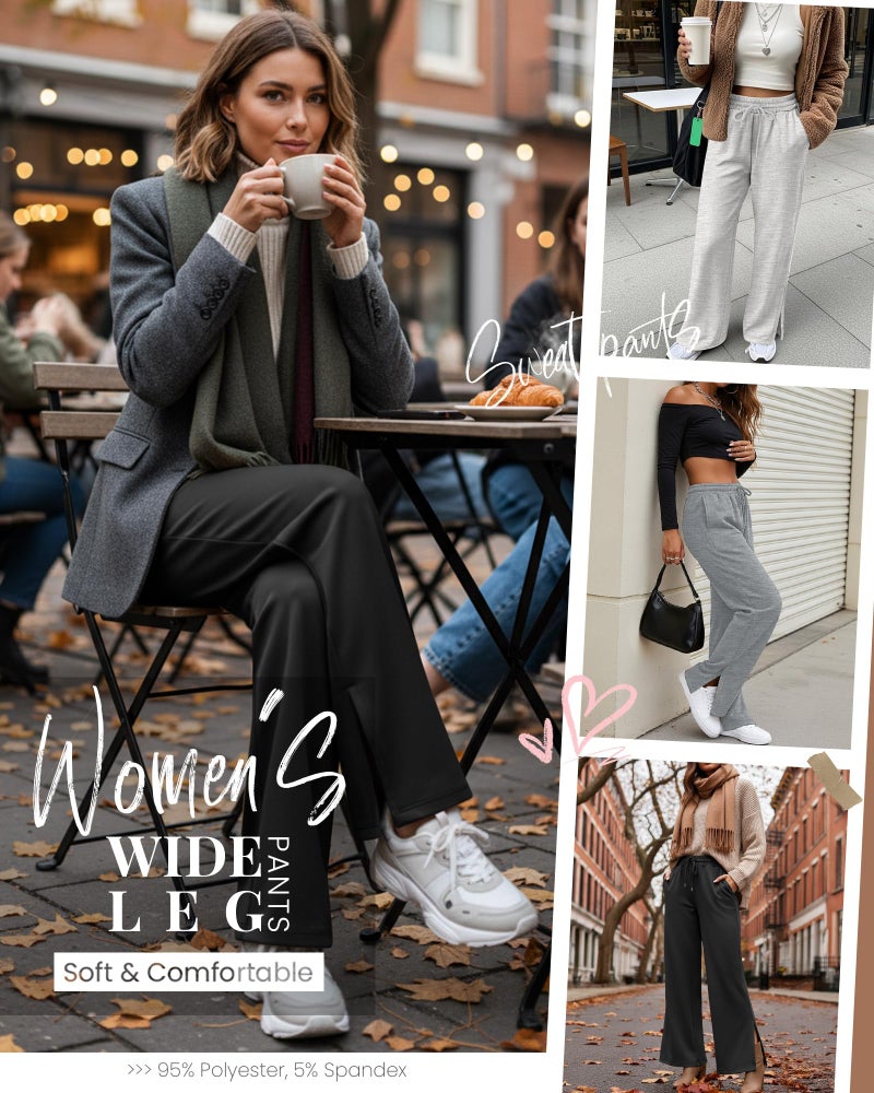 Evervibe 3 Pack Women's Wide Leg Sweatpants Split Hem Lounge Pants Casual Baggy High Waisted Drawstring Sweatpant with Pocket(Black, Dark Heather Gray, Gray,Large) - Image 3