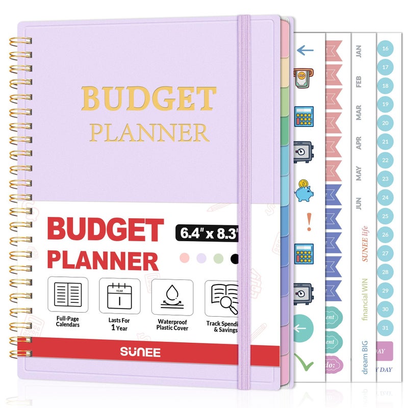 SUNEE Budget Planner - Monthly Budget Book with Expense Tracker Notebook, Undated 12 Month Bill Organizer & Finance Planner to Manage Your Money, A5(6.4" x 8.3") Account Book with Colorful Tab, Purple - Image 1