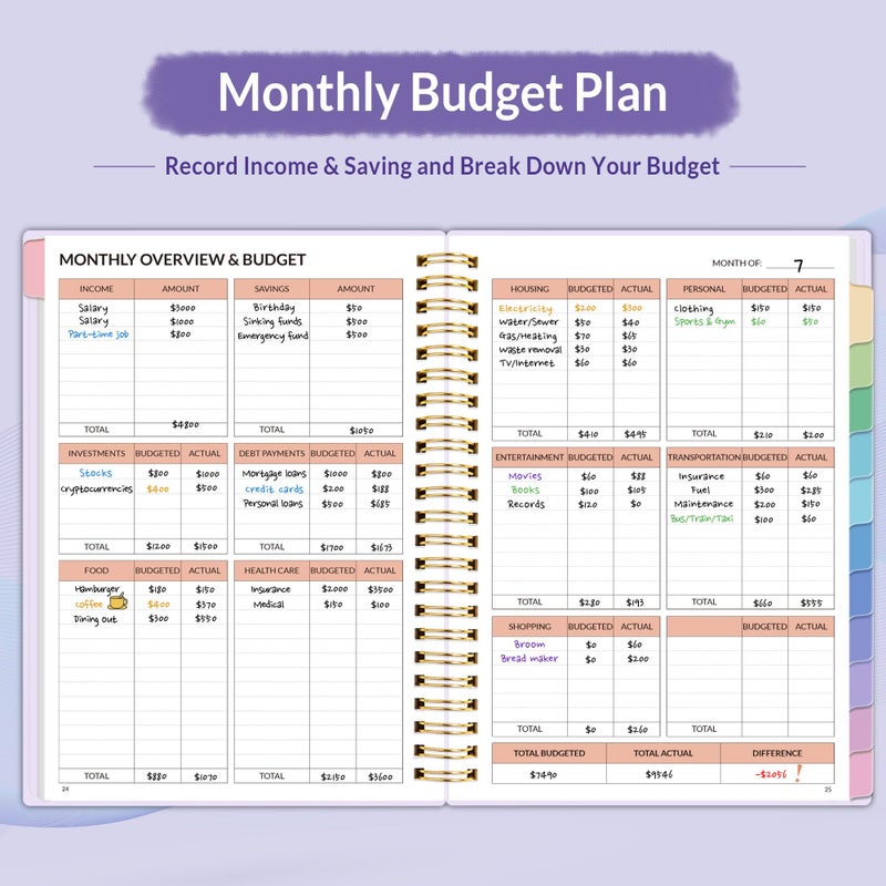 SUNEE Budget Planner - Monthly Budget Book with Expense Tracker Notebook, Undated 12 Month Bill Organizer & Finance Planner to Manage Your Money, A5(6.4" x 8.3") Account Book with Colorful Tab, Purple - Image 3