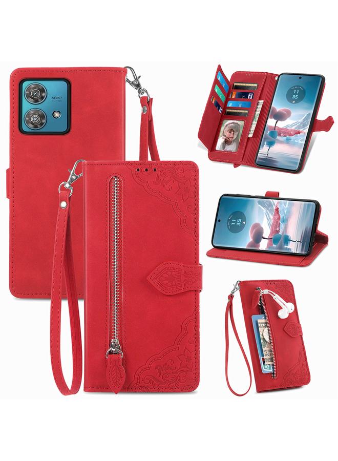 اس-توب جراب لهاتف موتورولا موتو إيدج 40 نيو، جراب هاتف جلدي بسحاب منقوش عليه زهور - Image 1