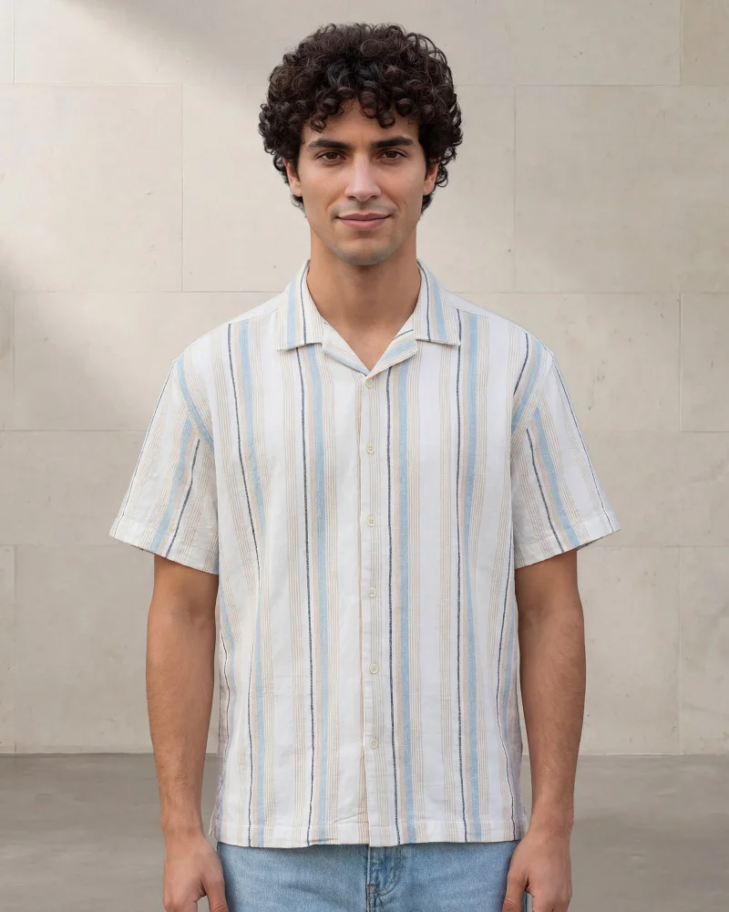 Redtag Men White and Blue And Striped Short Sleeve Dobby Shirt